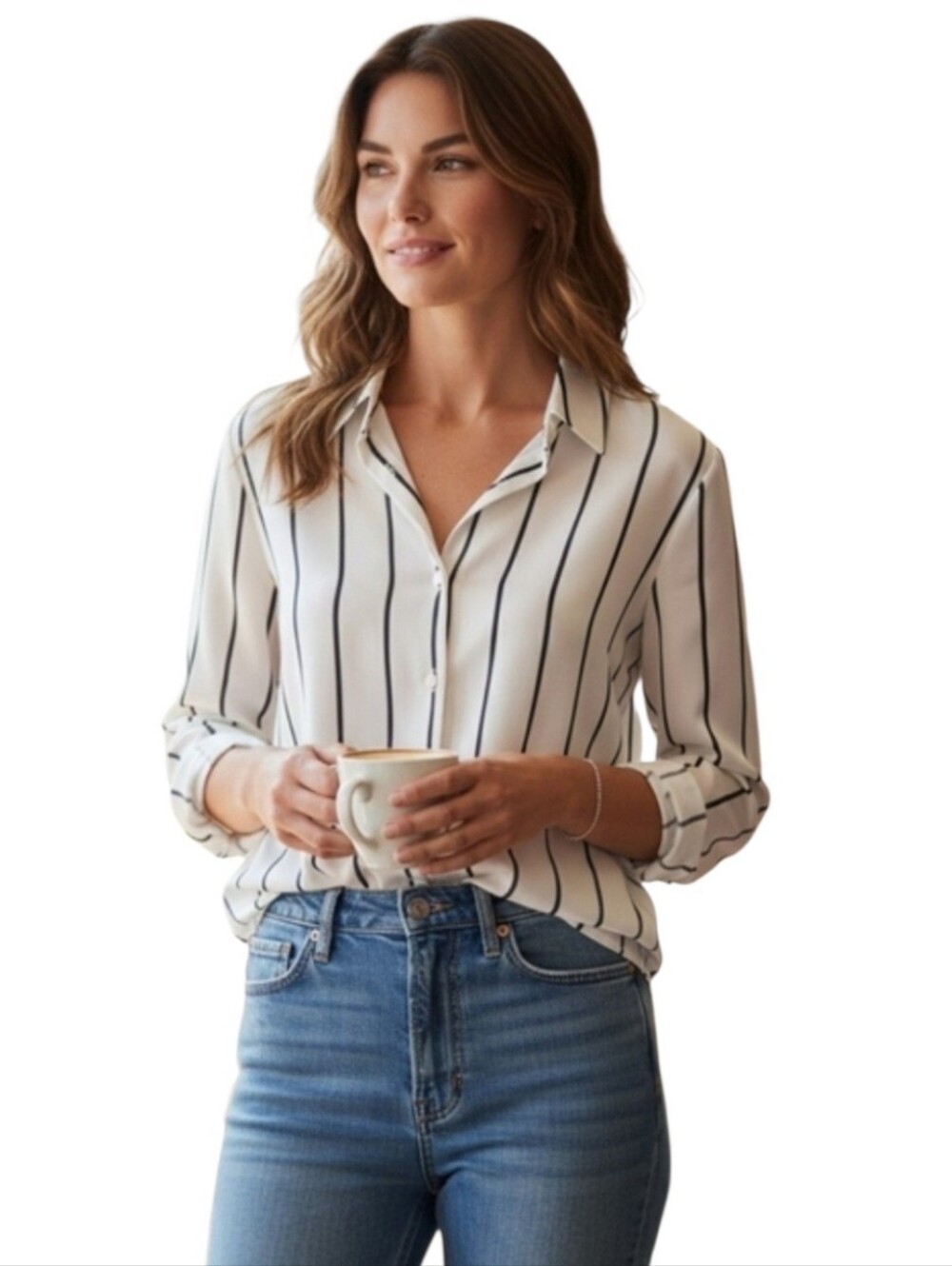 Silky Dynamite White Blouse with Black Stripes